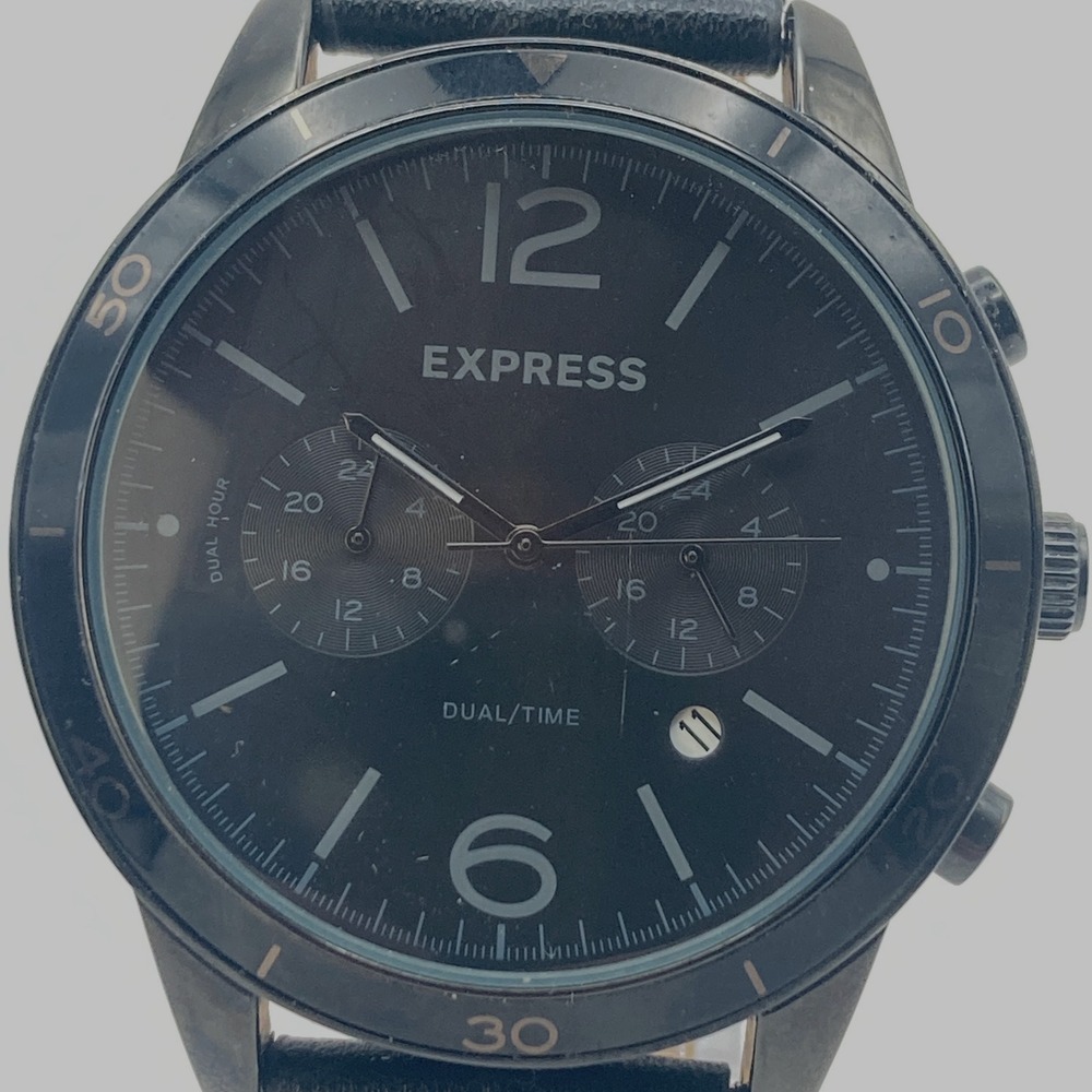 Express Men's Watch 47mm Blackout Dual Time Date WR 30M New Battery 9.25"
